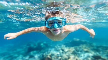 Fototapeta premium A joyful boy swims underwater, wearing goggles and enjoying a vibrant marine environment, highlighting fun and adventure in a tropical setting.