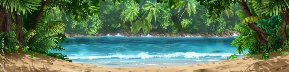 Poster Lush tropical forest meets a pristine beach, with soft sand and gentle ocean waves creating a tranquil coastal escape at sunset. Generative AI