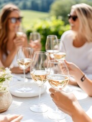 A group of friends enjoys a sunny outdoor gathering, clinking glasses of rosé wine, surrounded by greenery and a festive atmosphere.