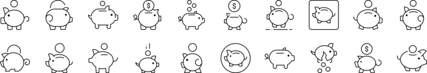 Piggy Bank Outline Image Collection. Editable Stroke. Perfect for Infographics, Articles, Books, Flyers, Banners