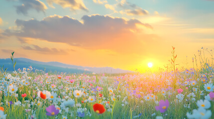 Fototapeta premium Colorful Spring Sunrise on Meadow: A vibrant spring sunrise over a lush meadow, with colorful light illuminating the landscape and fresh greenery sprouting.