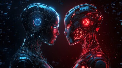 Futuristic cyborgs with blue and red glowing lights facing each other in a digital setting, artificial intelligence technology, sci-fi robotics, cyber tech design, advanced AI innovation