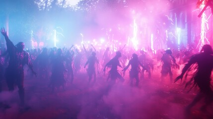 Eerie Halloween Rave in Graveyard - Cinematic Footage of Costumed Dancers Amidst Vibrant Lights and Fog