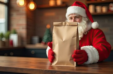Santa Claus in a cozy kitchen holding a wrapped present with copy space during the festive holiday season