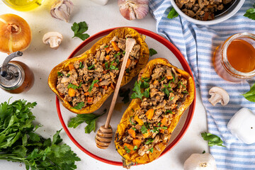 Baked stuffed butternut pumpkin with beef and vegetable
