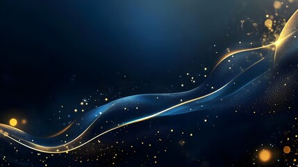 Obraz premium Blue luxury background with golden line decoration and curve light effect with bokeh elements. Modern art elegant dark scene. Ideal for Cover Design, Posters, Luxury Style and Promoting Product Banner