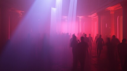 Fototapeta premium Haunting Halloween Rave at Spooky Mansion - Cinematic Footage of Costumed Partygoers Dancing under Dramatic Lighting and Fog