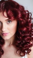 Naklejka premium Lush dark red curls shine brightly, gracefully cascading down the back, showcasing rich color and vibrant texture in natural lighting. Mahogany color. Care cosmetics. Generative AI