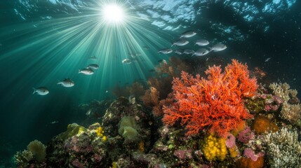 Fototapeta premium Underwater Scene with Sunbeams, Fish, and Coral