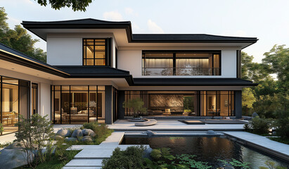 Fototapeta premium AI generator images of white house in the middle of a natural garden,Beautiful contemporary white house with lush grass Residential house for family. Traditional style home with beautiful landscaping.