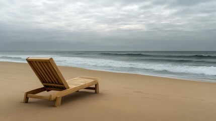 Empty wooden lounge chair on a sandy beach facing the ocean at dusk