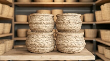 Fototapeta premium Four handcrafted woven baskets displayed on wooden shelf in artisan shop