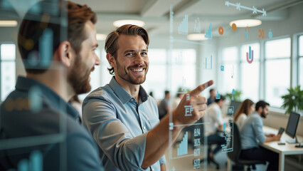 Fototapeta premium Young Executives Engaged in Discussion Behind Transparent Board with Market Statistics