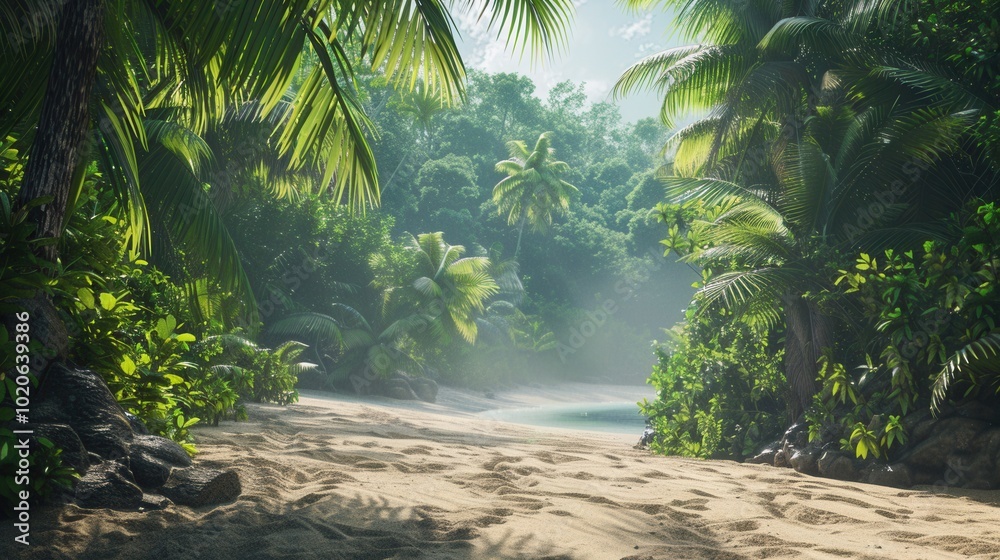 Poster lush greenery transitions smoothly into a pristine beach, where soft sand meets calm waves under a c