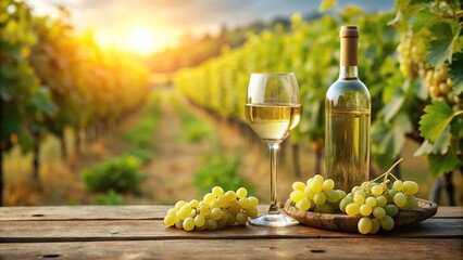 Fototapeta premium Forced perspective of white wine, grapes, bottle on table in vineyard