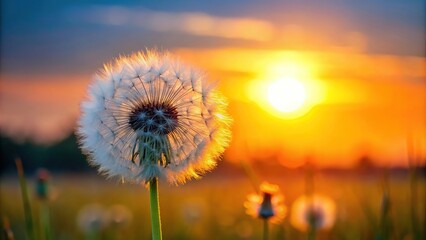 Forced perspective of white fluffy dandelion against orange sunset sky