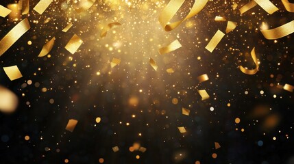 Obraz premium Golden confetti drifting over dark background with floating ribbons. Celebration and joy concept.