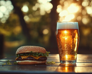 A glass of beer and a hamburger on the table in the outdoor, golden hour light, with a blurred background of trees, close-up, in the style of commercial photography, advertising style, high resolution