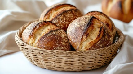 Fototapeta premium Freshly baked sourdough bread in wicker basket on white cloth background