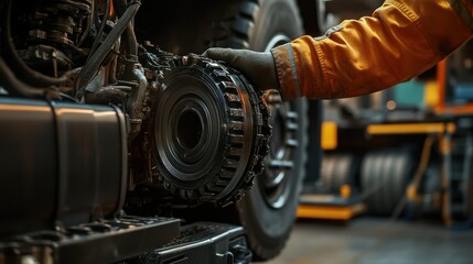 Fototapeta premium A Mechanic Inspecting the Engine of a Large Truck