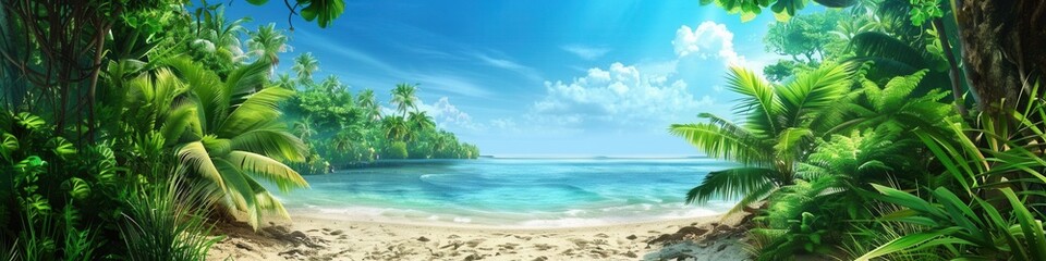 Fototapeta premium Lush greenery transitions smoothly into a golden sandy beach, where turquoise waters meet the shoreline under a bright sky. Generative AI
