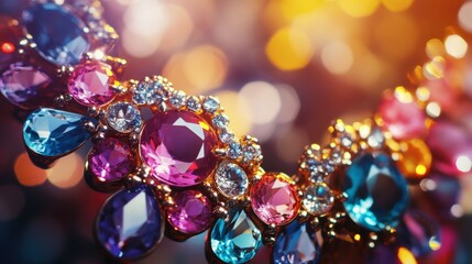 A close-up of a statement necklace with large gemstones, shining under bright studio lights.