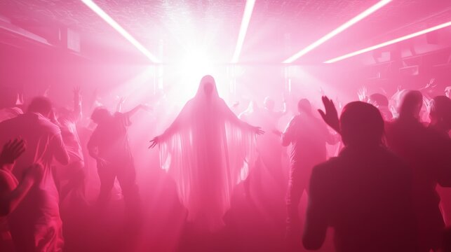 Spooky Halloween Rave: Ghostly Figure Leading Dance Circle Among Vibrant Lights and Partygoers in Costume