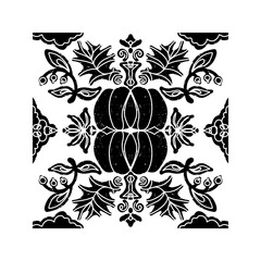 Intricate black pattern with symmetrical ornamental pattern in linocut style. Grunge texture tile shape. vector element
