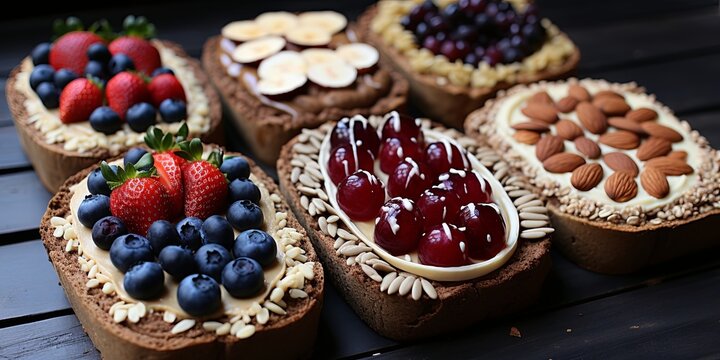 A symphony of flavors and textures, these artful creations showcase a vibrant array of fresh fruit, delicate nuts, and creamy spreads, all nestled atop a base of rich, chocolatey goodness.