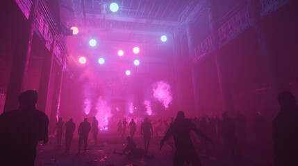Eerie Halloween Rave in Abandoned Venue with Vibrant Lights and Ecstatic Dancers