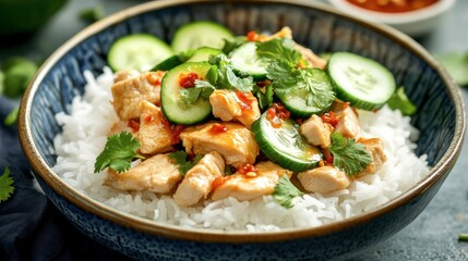 A close-up of a traditional meal of steamed rice topped with chicken, garnished with cucumber and cilantro, and served with chili sauce.