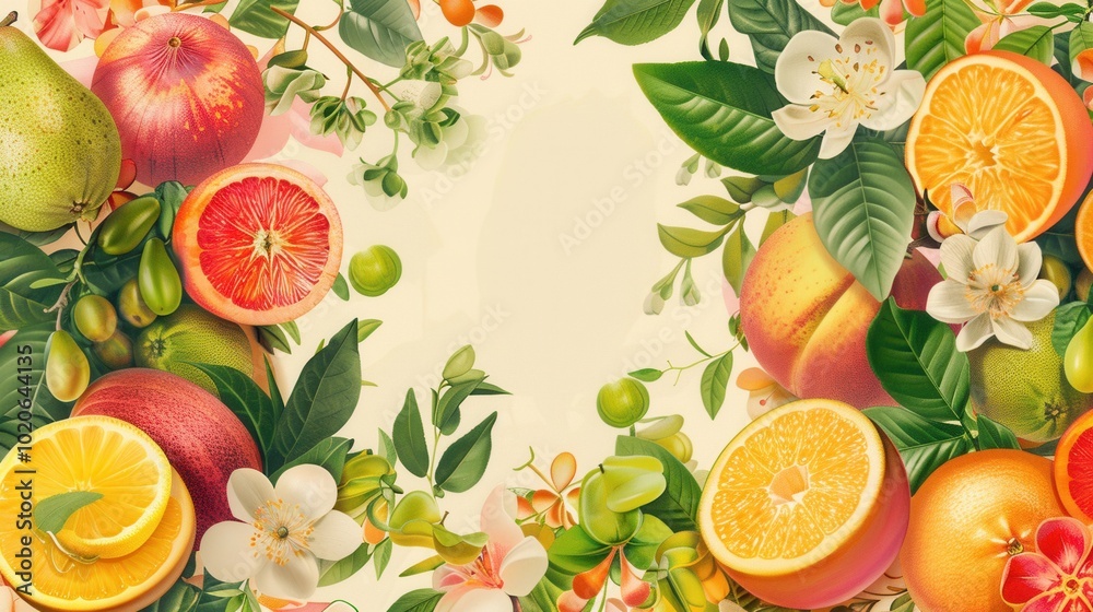 Poster a colorful display of various fruits and delicate flowers creates a lively and artistic atmosphere, 