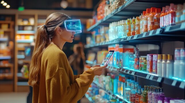 Woman in VR Shopping in a Supermarket