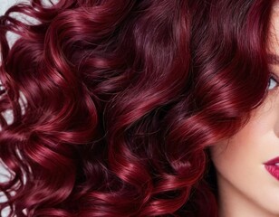 Lush dark red curls shine brightly, gracefully cascading down the back, showcasing rich color and vibrant texture in natural lighting. Mahogany color. Care cosmetics. Generative AI