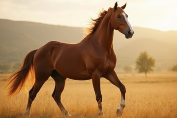 Obraz premium Majestic chestnut horse standing in a golden field at sunset, with mountains in the background, showcasing strength and beauty in nature.