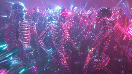 Eerie Halloween Rave: Dancers in Glowing Costumes Amidst Skeletons and Vibrant Lights