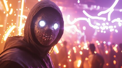 Naklejka premium Eerie Halloween Rave: Enchanted DJ with Creepy Mask & Cinematic Lightning Show