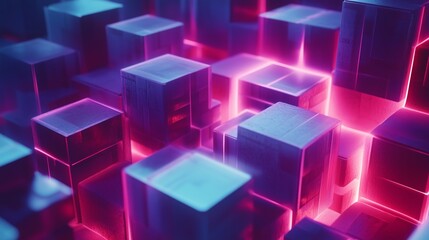 Obraz premium Colorful abstract design featuring glowing cubes illuminated by vibrant blue and pink lights in a digital art style
