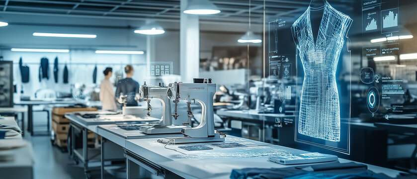 AI generator images of modern textile production scene showcasing sustainable fashion and personalized clothing. The image should include a bright and clean factory with automated sewing machines, 
