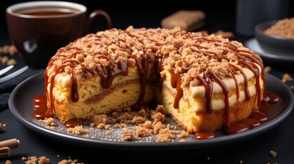 A tantalizing crumb cake, generously drizzled with caramel sauce, sits temptingly on a dark gray plate, promising a sweet and satisfying treat.