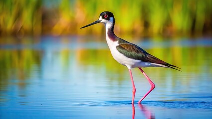 Fototapeta premium Forced perspective photo of Black-necked Stilt at Kealia Pond National Wildlife Refuge in Hawaii