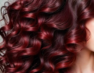 Lush dark red curls shine brightly, gracefully cascading down the back, showcasing rich color and vibrant texture in natural lighting. Mahogany color. Care cosmetics. Generative AI