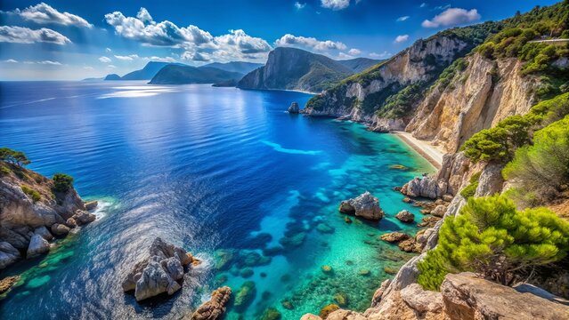 The captivating rugged shores of Kastos Island, Greece, glisten under the summer sun, showcasing a stunning blend of azure waters and dramatic cliffs, inviting exploration.