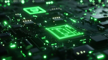 Obraz premium Green Illuminated Circuit Board with Integrated Chips