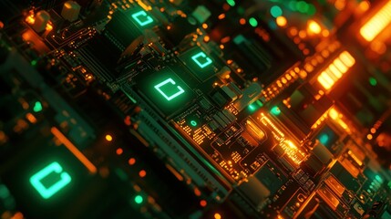 Obraz premium Close-up of a Circuit Board with Glowing Green and Orange LEDs