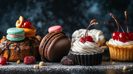 A delectable close-up shot of assorted desserts featuring macarons, cupcakes, and gourmet treats on a dark background
