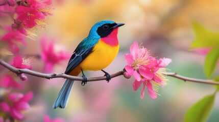 Obraz premium A colorful little bird perched on a delicate flower branch, with vibrant petals surrounding its bright feathers.