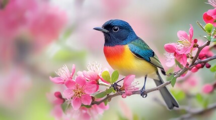 Obraz premium A colorful little bird perched on a delicate flower branch, with vibrant petals surrounding its bright feathers.