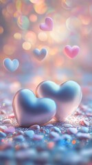 Obraz premium Two satin hearts gently resting on a shimmering, glittery surface with soft glowing bokeh lights, surrounded by pastel heart shapes floating in the air