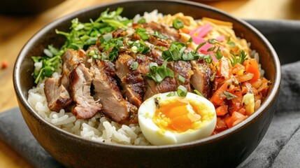 Fototapeta premium A comforting bowl of pork leg rice with juicy, tender pork, pickled veggies, and a flavorful boiled egg, perfect for lunch.